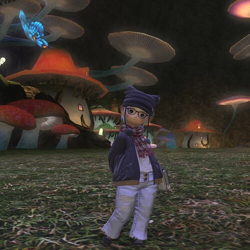 Aerya wearing a black and purple cat toque with purple pompom tassels, dark purple rimmed glasses, a dark purple bomber jacket, lilac plaid scarf, lilac jeans and black oxfords