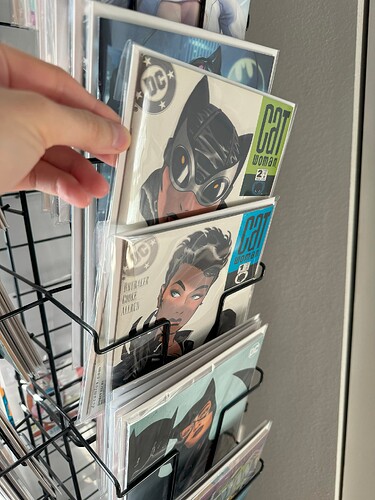A comic book spinner rack with various titles. The first two issues of Catwoman described above are being pulled from one of the shelves by a hand by me.
