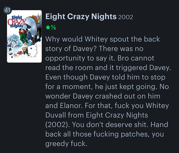 A frustrated ramble over Whitey Duvall from Eight Crazy Nights (2002).
