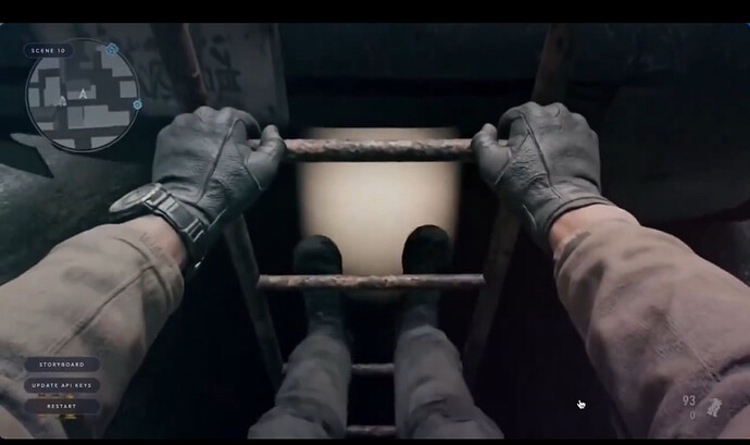 A first person perspective of going down a ladder but somehow the legs are inexplicably sticking out through the rungs