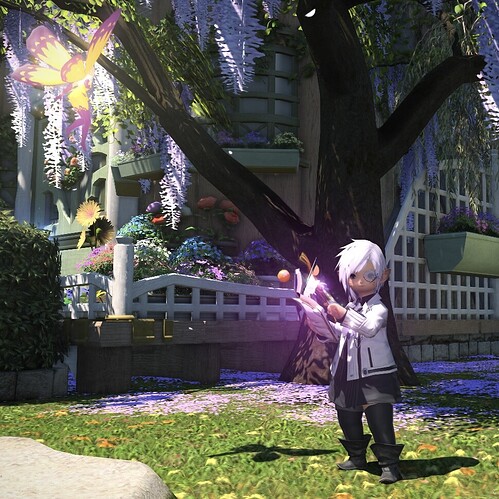 Aerya Lihzeh at the bottom right wearingScion gear with an open Mog Codex and the fairy Selene floating above at the left. They are both in front of a cottage with a wisteria tree in front of it. There are wisteria blossoms on the ground
