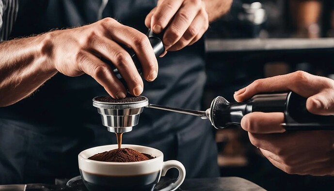An AI generated image of a barista (on the right) holding a portafilter above a coffee cup, with another barista (on the left) tamping the grinds in the portafilter with what looks like another portafilter. Extracted coffee appears to be flowing out of the bottom of the portafilter into the cup which appears to be filled with coffee grinds. The barista on the right has two thumbs, one floating detached in front of the other.