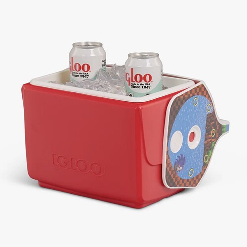 3/4 profile of cooler with lid open revealing two canned sodas and ice