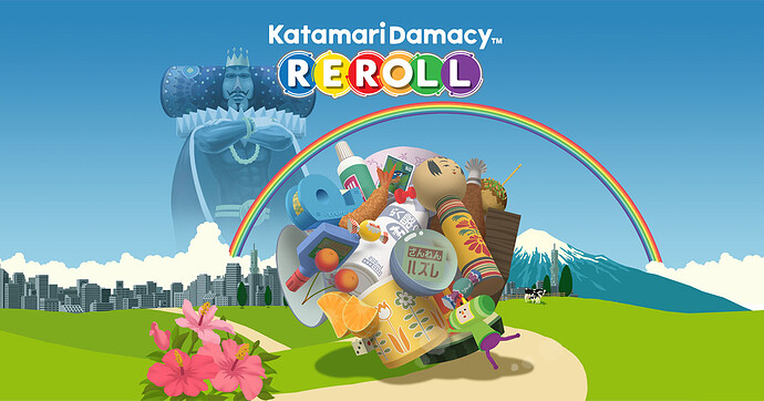 Katamari Damacy REROLL box art which depicts a green landscape with skyscrapers, a snow-capped mountain, and fluffy clouds with a big rainbow on the horizon while a bizarrely ripped king and godlike figure looks over the land. The main focus is on a balled up pile of junk being pushed a cute little green guy with purple pants.