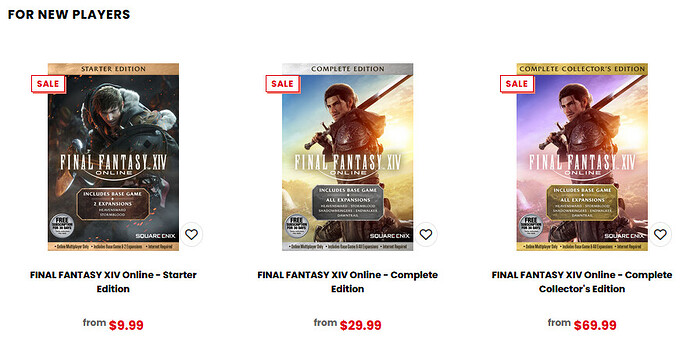 A screenshot of three different editions of Final Fantasy XIV for sale on the Square Enix online store. The starter edition is $9.99 USD, Complete Edition is $29.99 USD, and the Complete Collector's Edition is $69.99 USD.