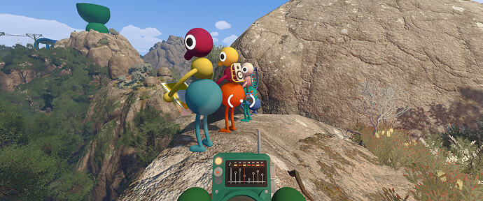 A screenshot from Big Walk. It shows four players looking over a cliff side, examining the best way to get down.
