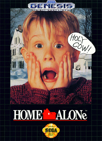 Sega Genesis box art for Home Alone with Kevin McAlister featured on the cover doing his signature double handed cheek slap and a speech bubble that reads "holy cow!"